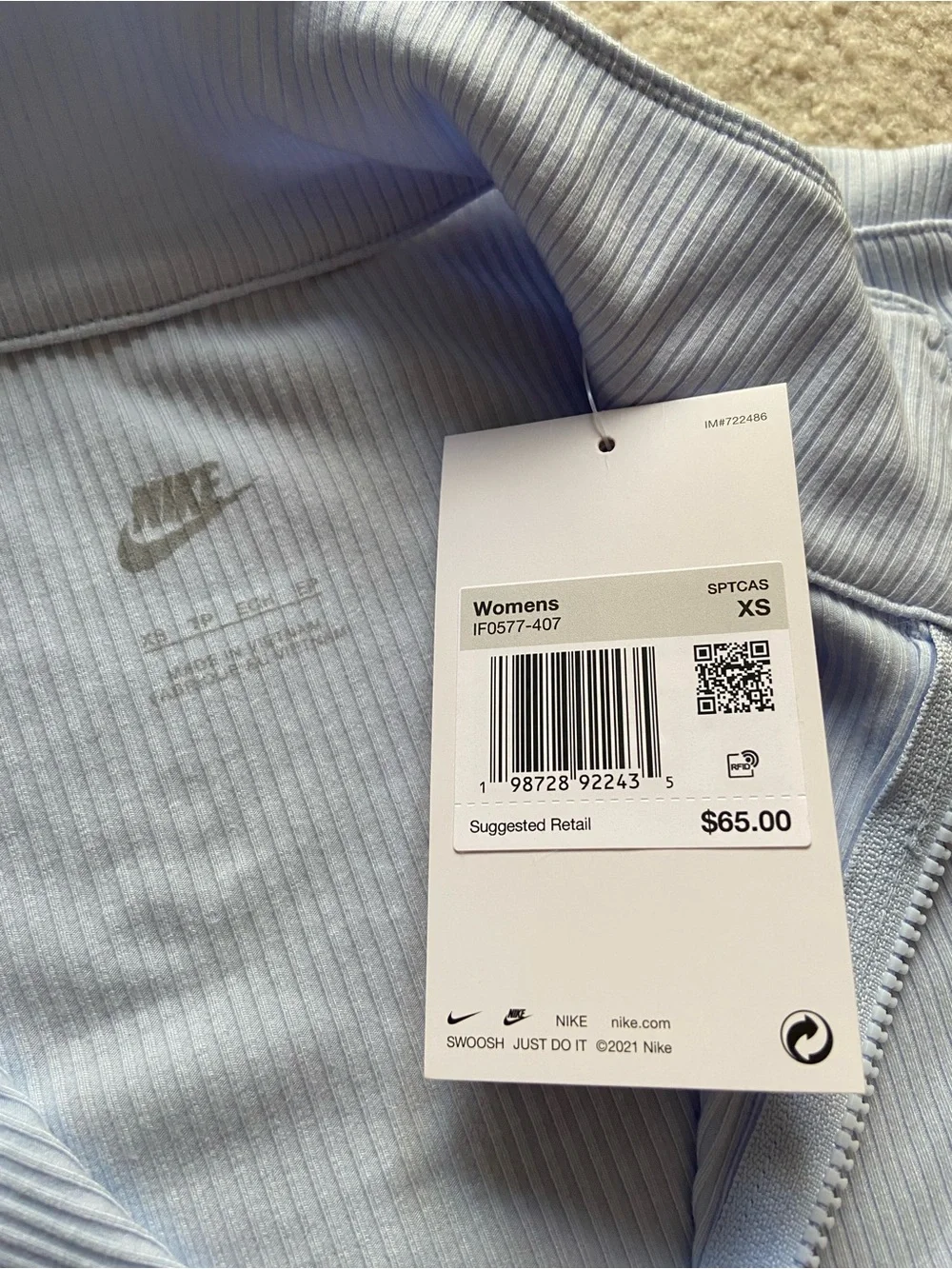 NWT Nike Women's Baby Blue Ribbed Half-Zip Long Sleeve Top XS
